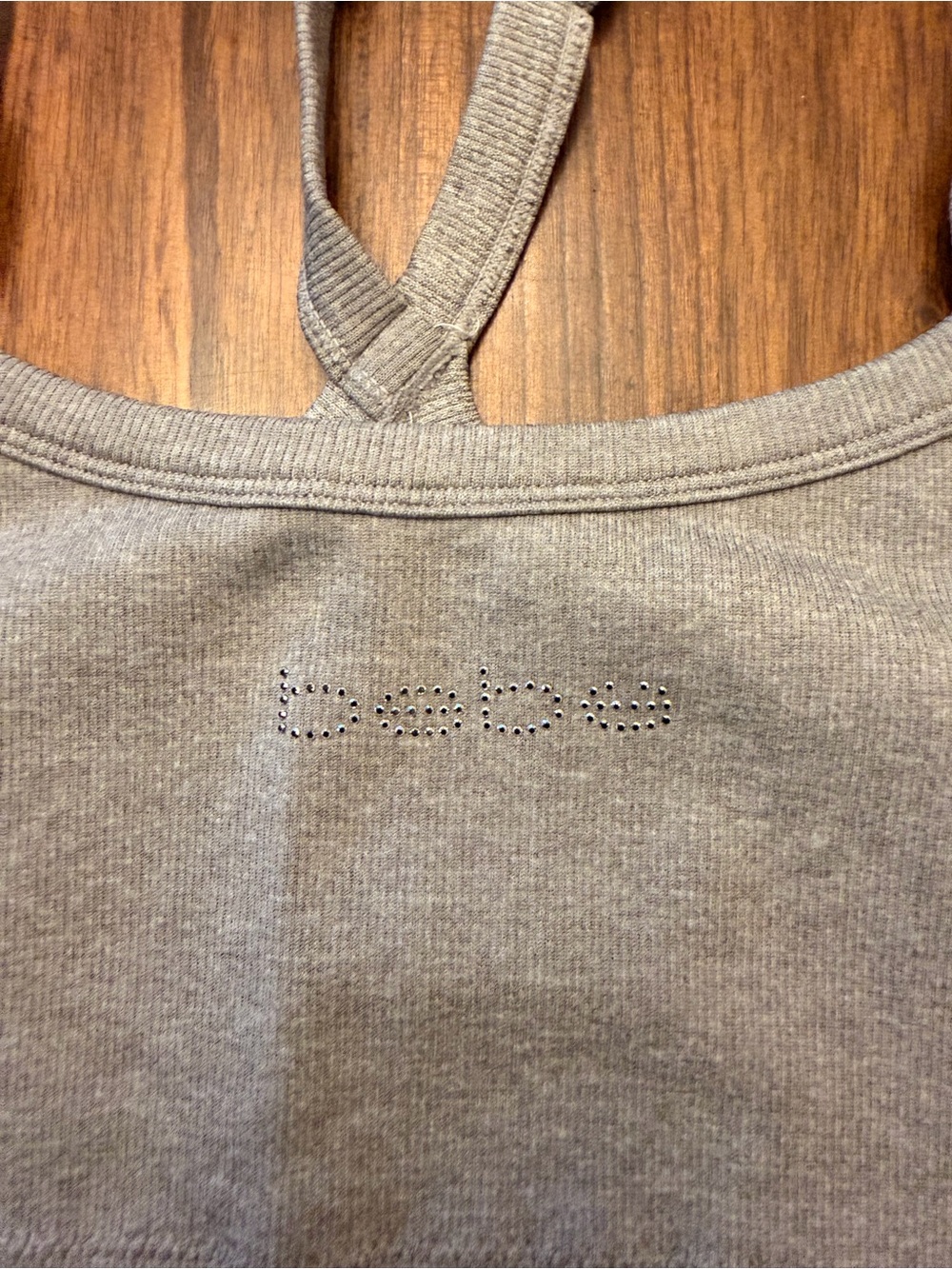 Bebe Large Grey Racerback Strappy Bra Rhinestone Logo Lounge Athleisure